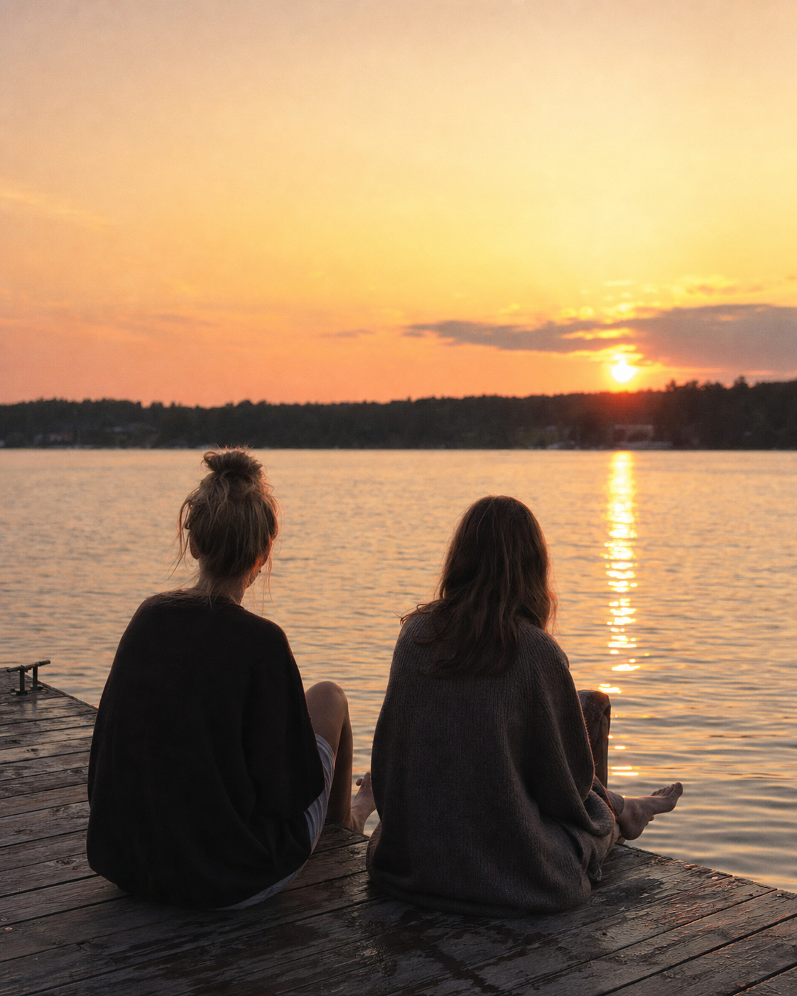 Friends sitting together by a lake at sunset