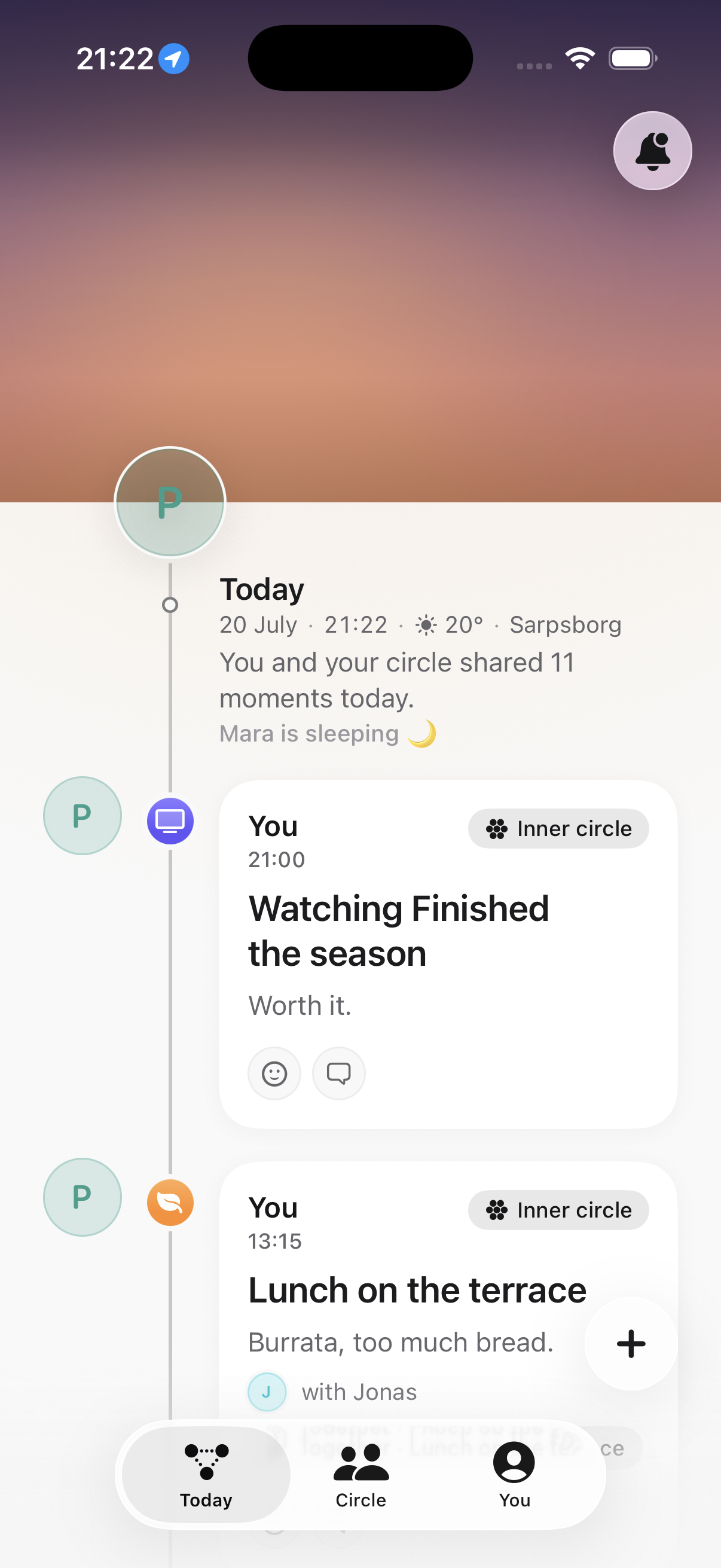Stitch Today screen showing a personal timeline